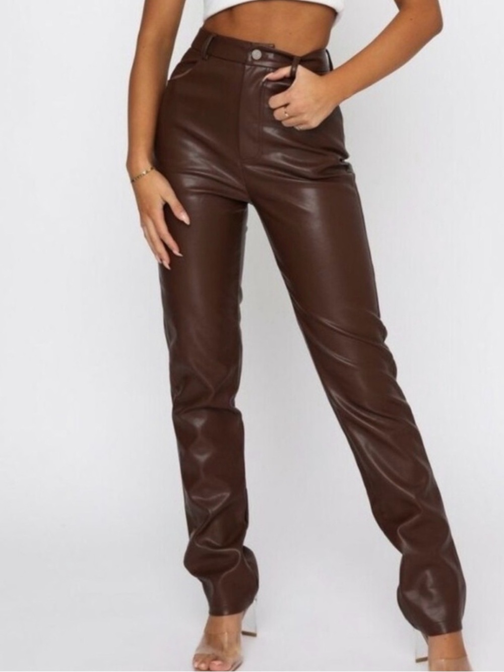 White Fox Boutique Straight-Leg Faux Leather Pants in Brown